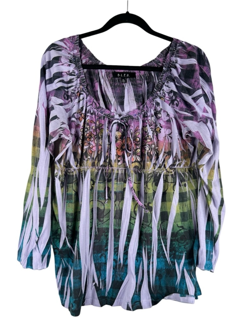 B.L.E.U. Lavender Purple Y2K 90's Beaded Neck Babydoll Floral Top‎ Size XL